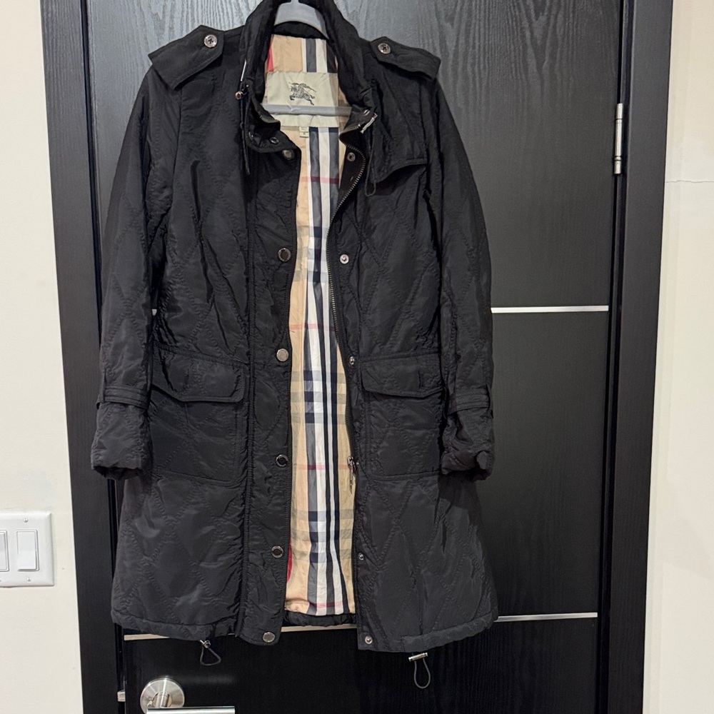Vintage Burberry Black Quilted light Coat with Plaid Lining. Tag part cutoff.